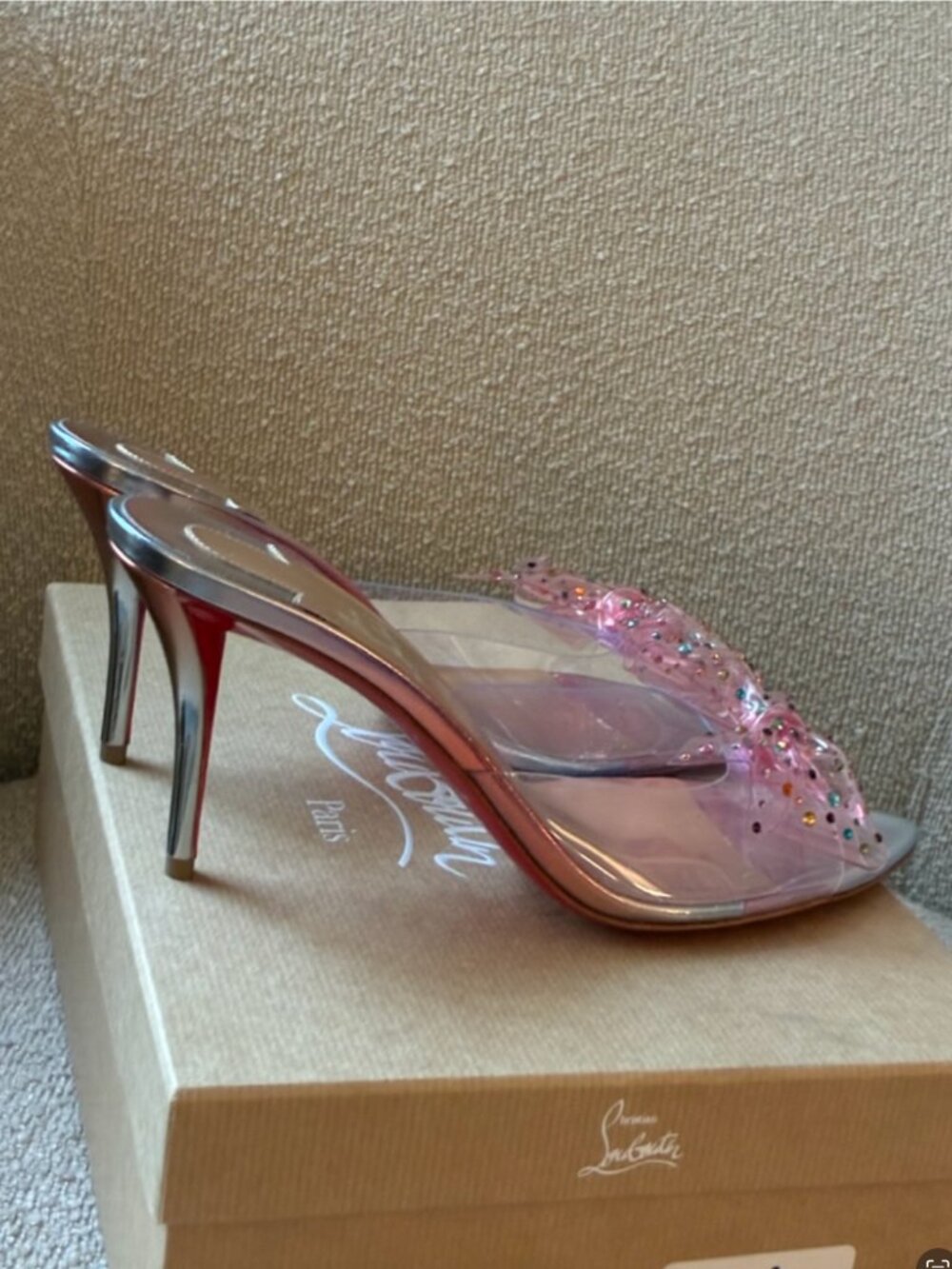 Christian Louboutin AquaStrass PVC Pink Crystal Bow Mules SIZE 7.5/39 (see note) - Picture 2 of 16